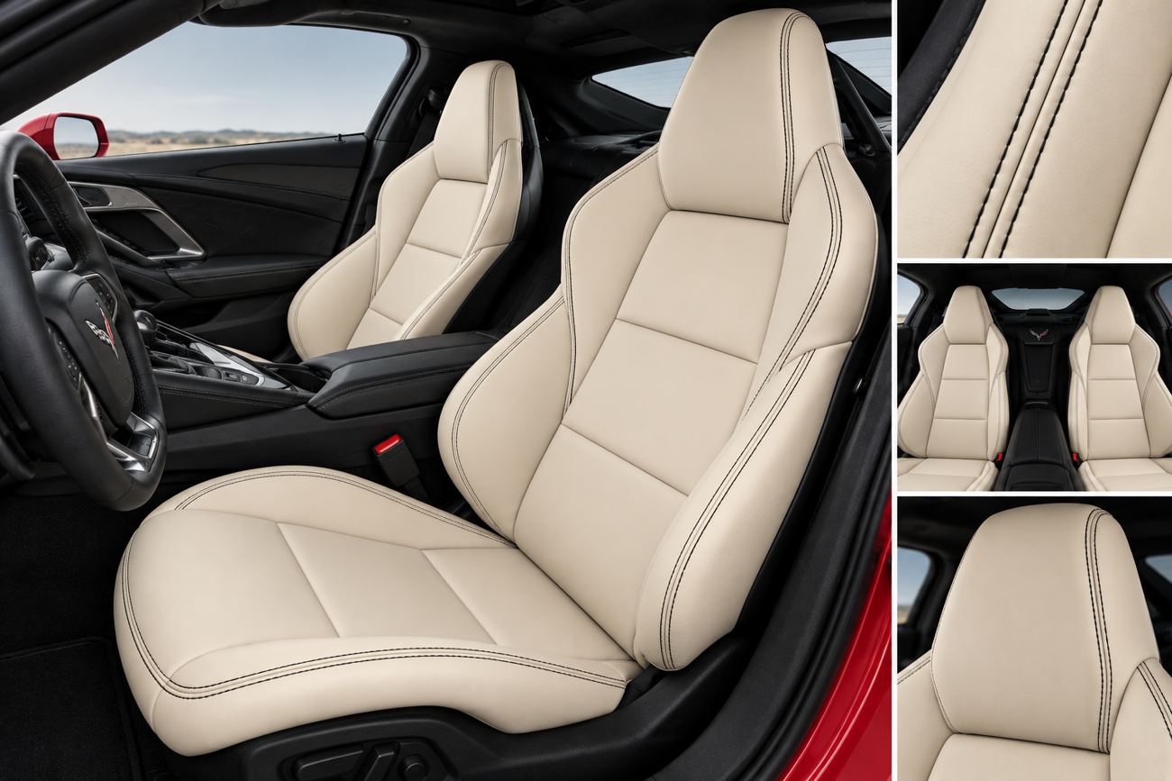 Pearl upholstery with black double stitching in a Chevrolet Corvette interior