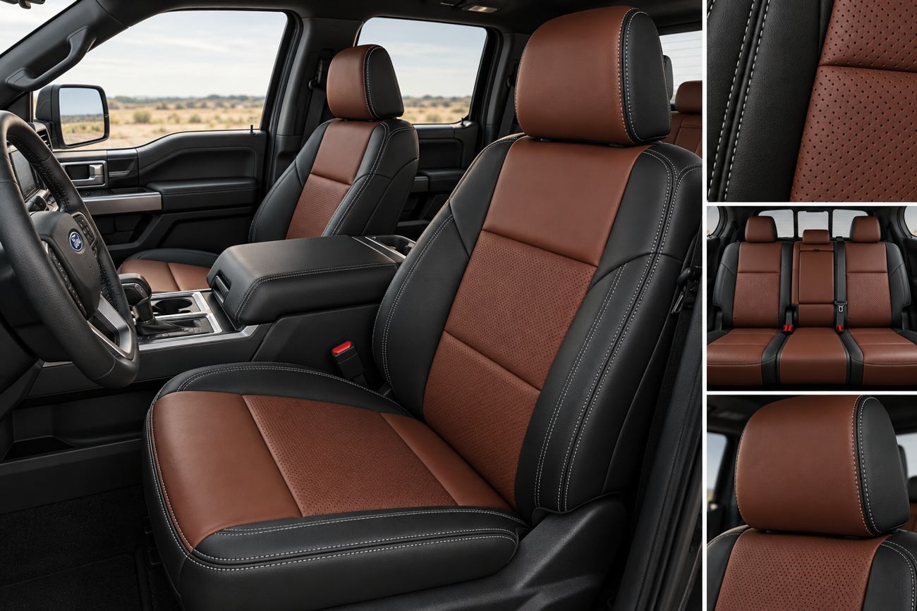 Mahogany and black upholstery with perforated seat inserts and lunar grey double stitching in a Ford F-150 SuperCrew