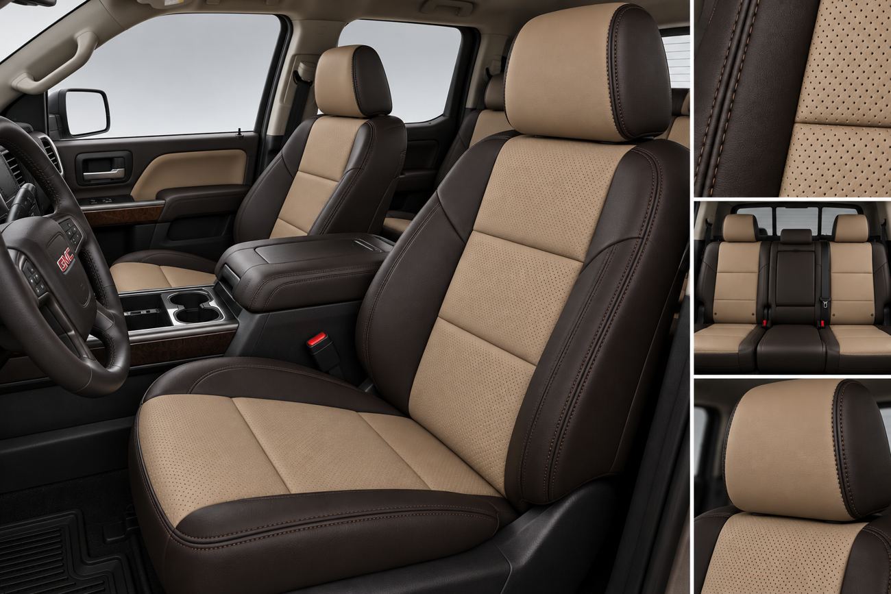 Sandstone and Coffee two-tone GMC Sierra Crew Cab upholstery with perforated seat body and Coffee double stitching