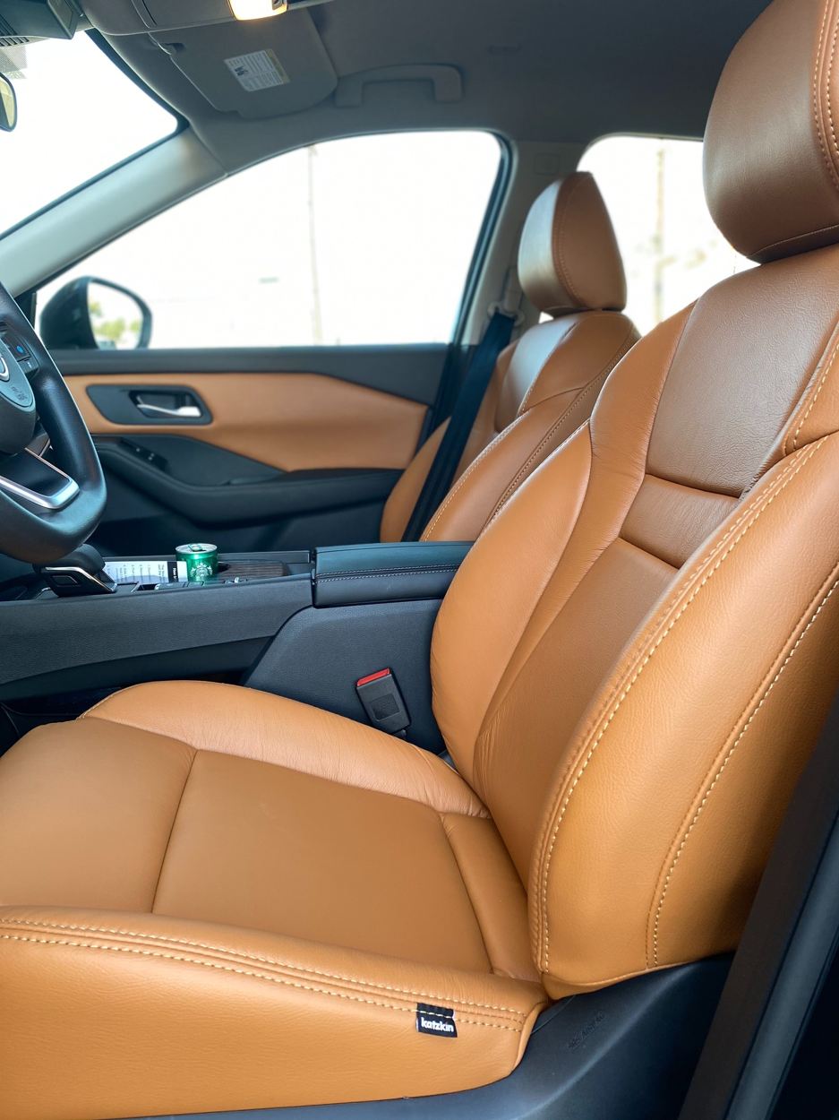 Warm tan Katzkin leather installation inside a vehicle