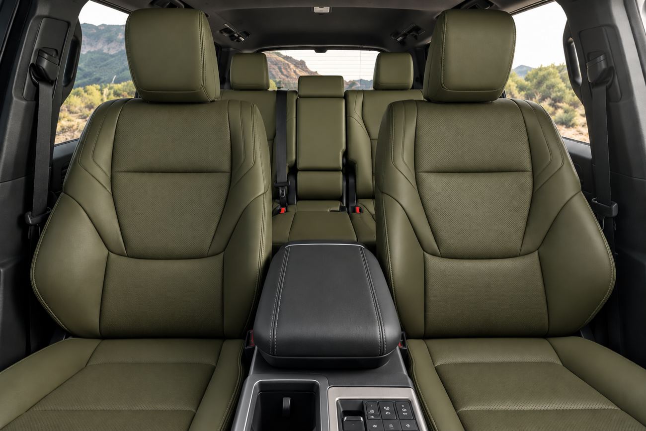 Olive leather interior design shown in a 2024 Toyota Land Cruiser 1958