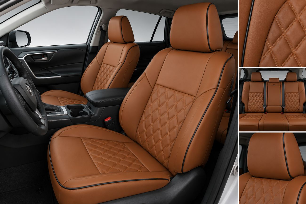 Cognac Katzkin upholstery with single diamond stitching and black piping shown in a Toyota RAV4